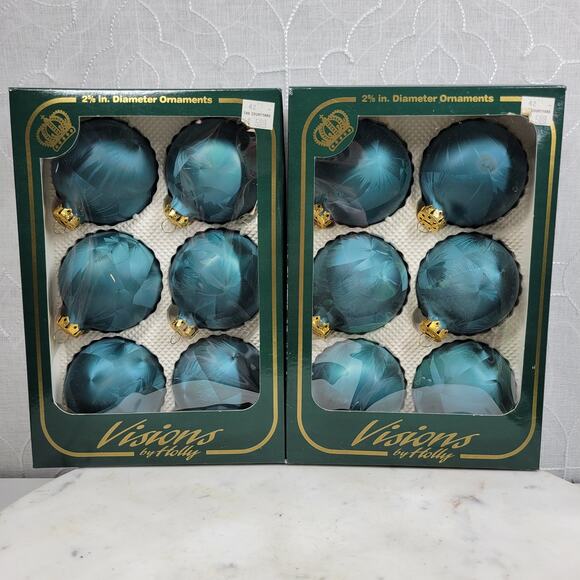Vtg Visions by Holly Feather Glass Ornaments 2.75" Blue Gold Caps Set of 12 USA - Picture 1 of 15